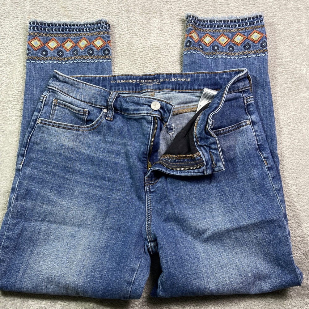 Chicos So Slimming Girlfriend Slim Leg Ankle Jeans Embroidered Women's 8 R Aztec